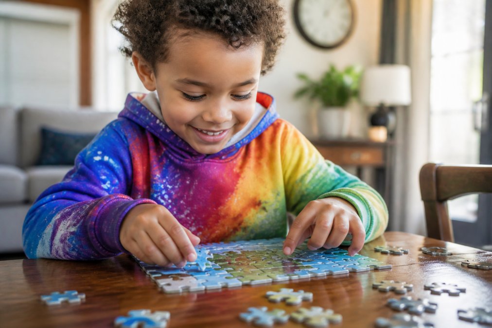 Young child wearing a colorful Smokey D Baby Dogga hoodie while playing with puzzle pieces at a table, showing joy and engagement with natural afternoon lighting