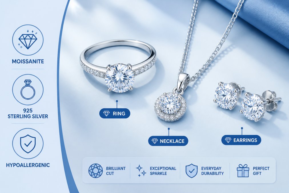 Close-up of elegant sterling silver moissanite jewelry pieces on a neutral surface, showing ring, necklace, and earrings with natural light reflection catching the facets