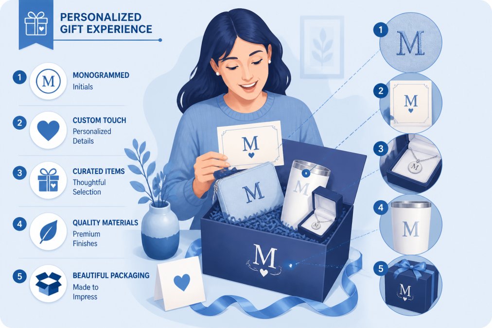 Woman opening a personalized gift box with monogrammed or custom items, showing the unboxing experience and careful attention to detail in packaging