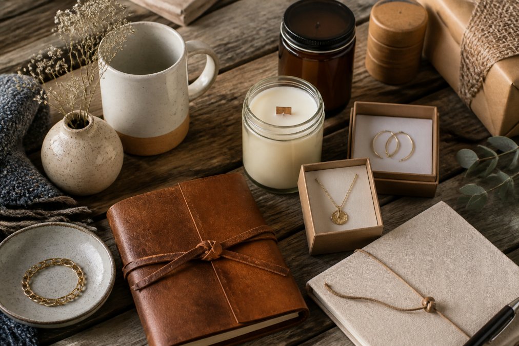 Overhead view of curated handmade items including personalized jewelry, custom ceramic mugs, artisanal candles, and hand-bound journals arranged on a natural wooden surface with soft natural lighting