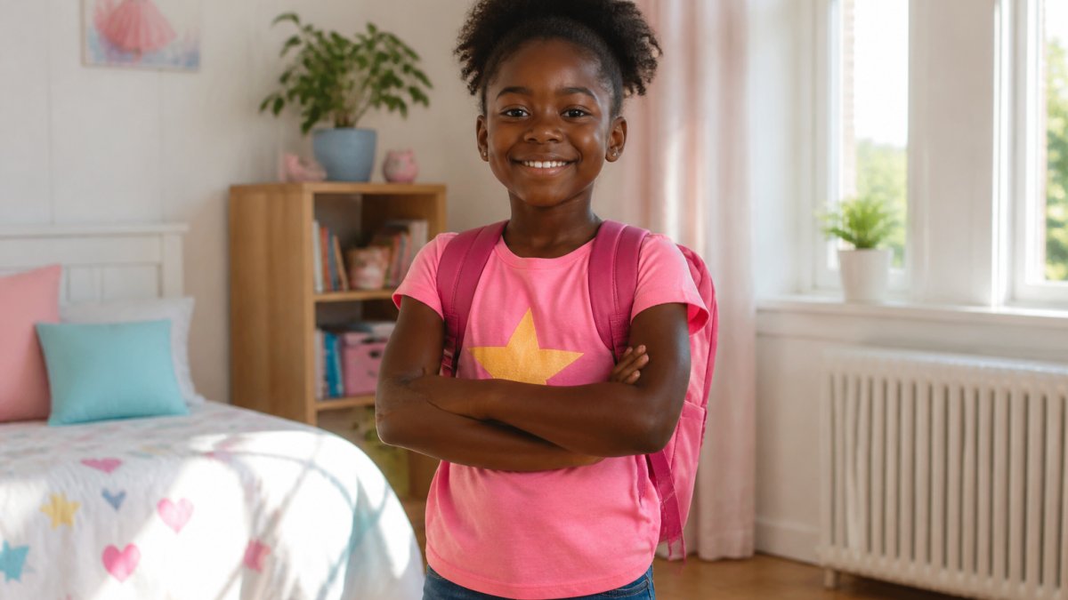 Smiling 8-year-old Black girl wearing a Super Sistah t-shirt and backpack standing confidently with arms crossed in a bright bedroom with natural sunlight streaming through windows