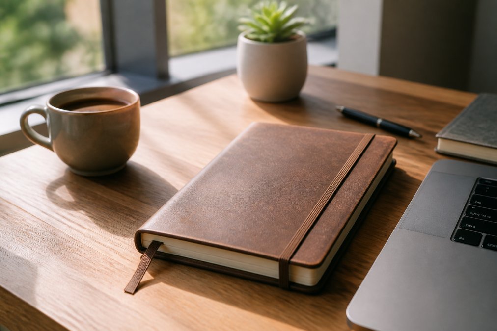 A close-up of a vegan leather journal with a ribbon bookmark and elastic closure band resting on a clean wooden desk beside a laptop and a cup of coffee, warm natural light from a nearby window