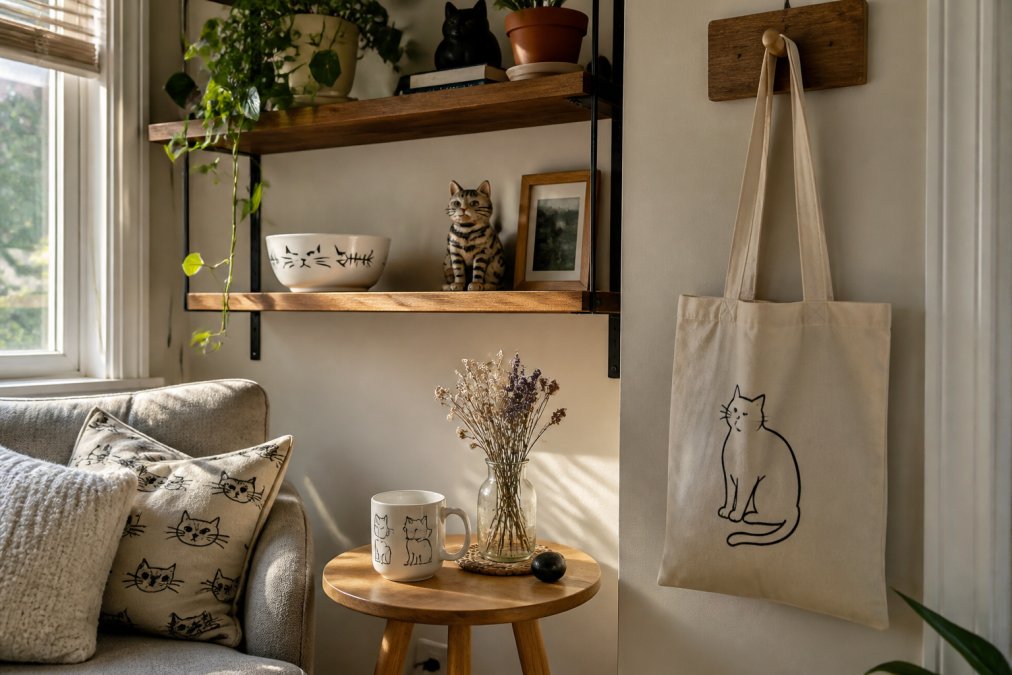 A cozy living room corner styled with cat-themed decor: a white ceramic "You Had Me at Meow" cat bowl on a shelf, a cat doodle mug on a side table, and a natural canvas tote bag hanging on a wall hook, warm afternoon light through the window