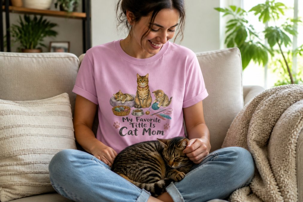 A smiling young woman wearing a soft, graphic cat-themed t-shirt, sitting cross-legged on a couch with a tabby cat curled in her lap, warm natural light filling the room