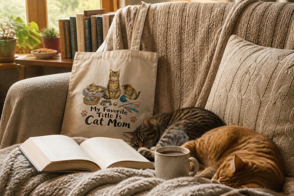 A cozy reading nook with an open book, a steaming mug, and two cats lounging on a soft blanket, with a cat-themed graphic tote bag resting against the chair, warm afternoon light coming through a nearby window
