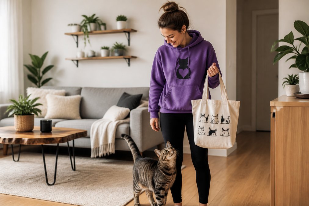 A woman in her late 20s wearing a purple 'Cat Mom' hoodie while holding a canvas tote bag, smiling as a cat rubs against her leg in a bright living room