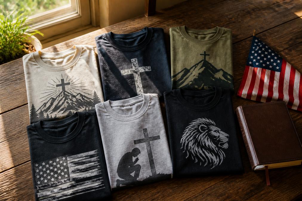 A flat-lay photo of several folded graphic t-shirts with faith-based designs, arranged neatly on a wooden table with a leather Bible and a small American flag placed beside them, shot in warm natural window light