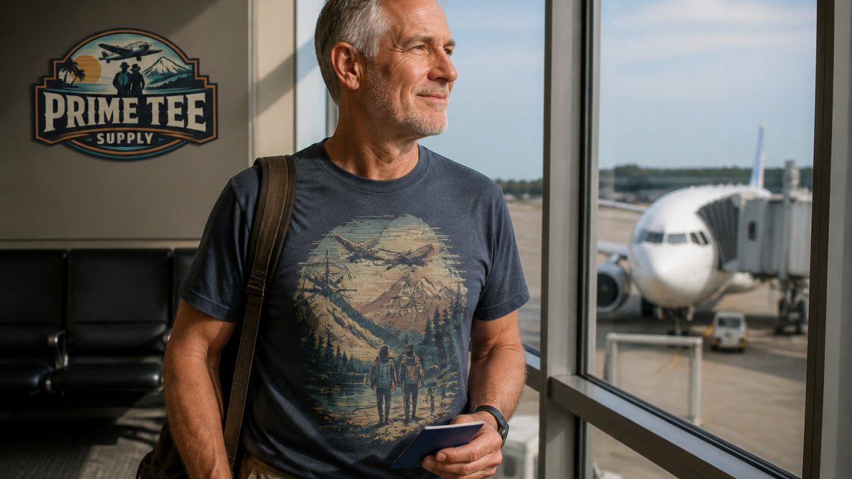 Seasoned traveler in their 50s or 60s wearing a travel-themed graphic tee at an airport gate with passport in hand, looking confident and ready to board, soft natural lighting
