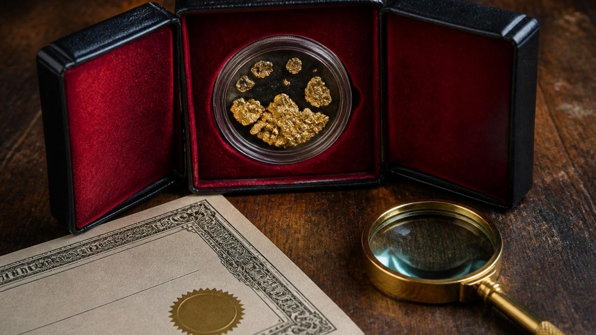 A close-up of raw placer gold flakes resting in an open handcrafted tri-fold display case on a wooden table, with a Certificate of Authenticity and a small magnifying glass beside it