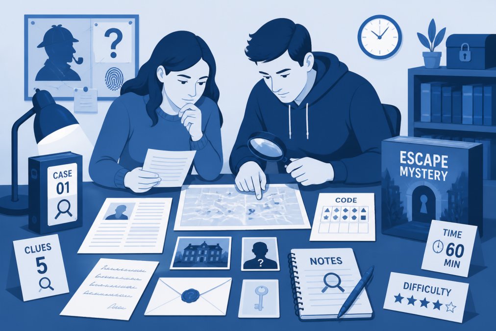 Two people sitting at a table solving a detective puzzle game together, with documents and clues spread out, concentrating on the mystery
