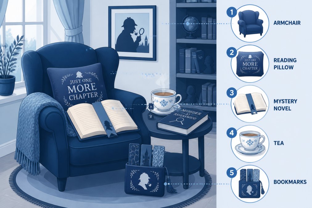 Cosy reading nook with a comfortable armchair, a mystery novel open on the lap, a warm cup of tea on a side table, and literary-themed accessories like bookmarks and a reading pillow nearby, with soft natural lighting from a window
