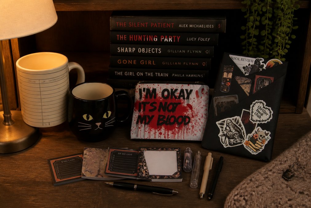 A cozy reading nook featuring a ceramic library card mug, black cat-themed mug, quality pen, bookmarks, and sticky notes artfully arranged on a wooden shelf beside stacked mystery novels, with warm ambient lamplight creating an inviting atmosphere