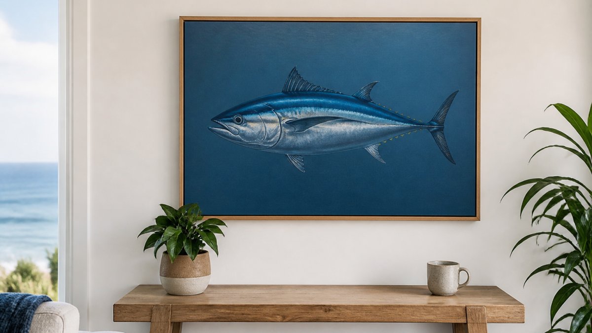 A framed semi-glossy bluefin tuna art print hanging on a white wall above a wooden console table, styled with a small potted plant and a ceramic mug, in a bright coastal-inspired living room