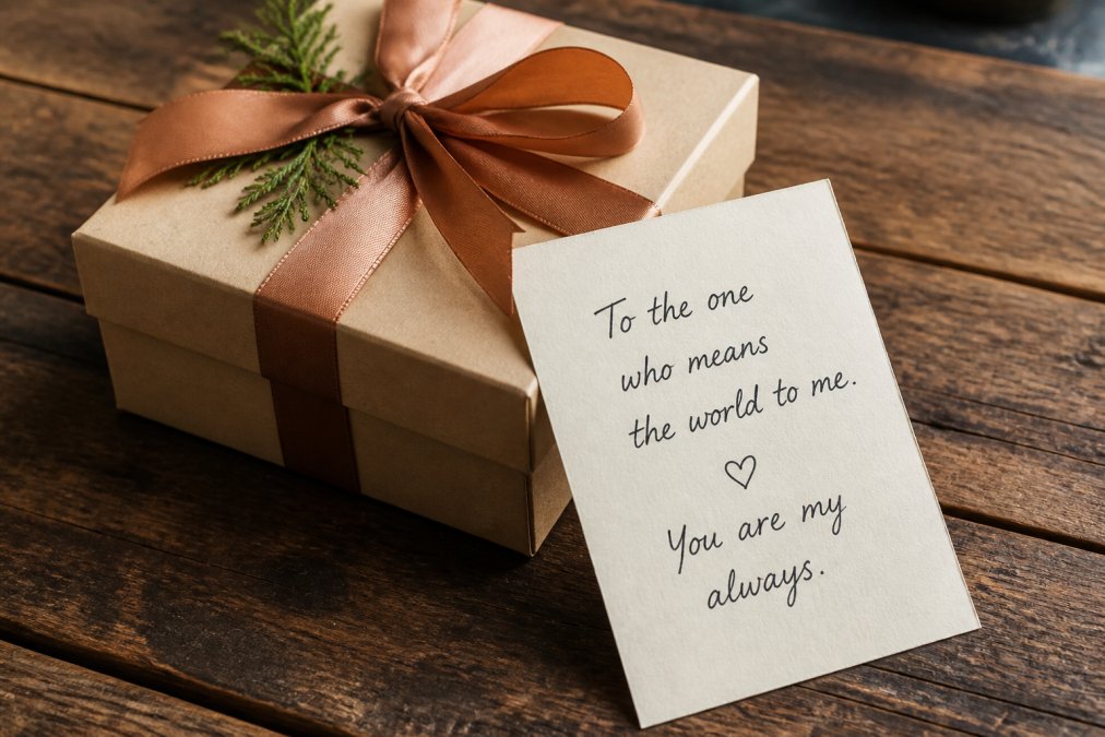 Close-up of a beautifully wrapped personalized gift box with a handwritten message card resting on a rustic wooden table, soft warm lighting