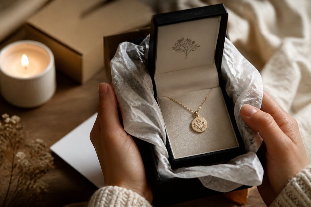 Hands holding an open jewelry box containing a delicate engraved necklace, with tissue paper and a small personalized card visible in warm ambient lighting