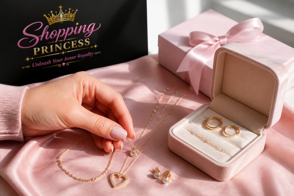 Close-up flat lay of delicate gold jewelry and a small open gift box arranged on soft pink fabric, a hand gently touching a pendant necklace, soft natural window light