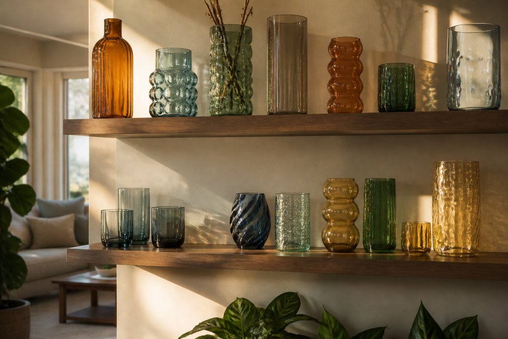 A styled living room shelf displaying a curated collection of colorful and textured glass vases and tumblers, warm natural light casting soft shadows on the wall