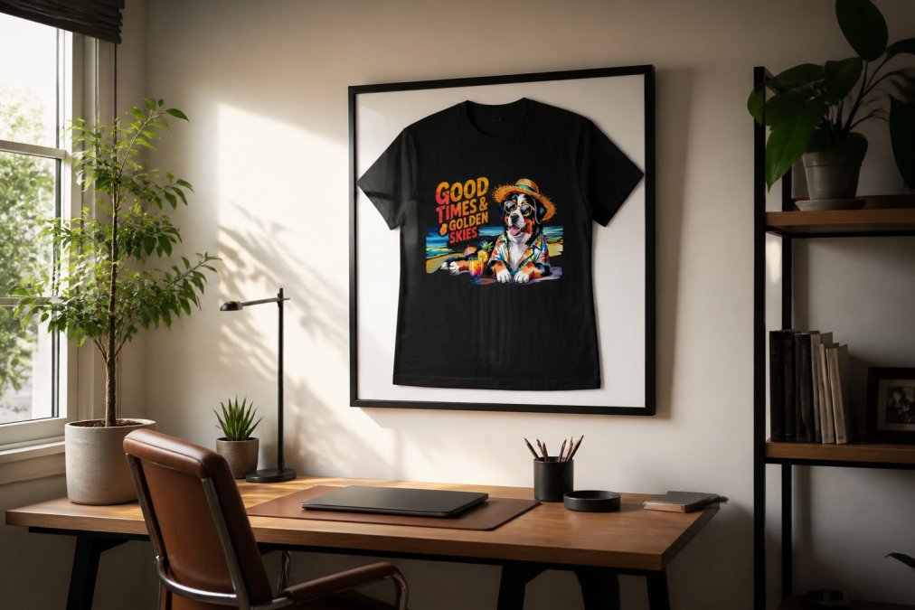 Bright, modern home office with a golden retriever portrait displayed prominently on the wall above a wooden desk, natural light streaming through a window, workspace showing the art as a focal point creating visual interest and warmth