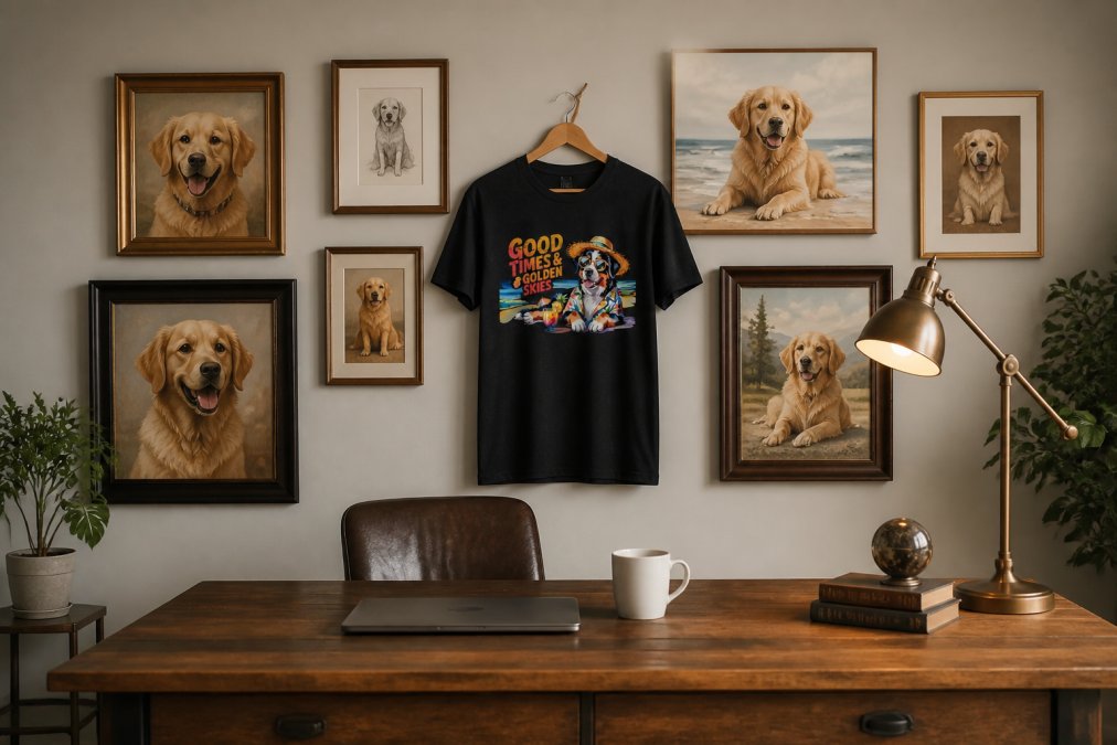 Gallery wall in a home office featuring multiple golden retriever art pieces in various frame styles and sizes arranged symmetrically, showing different portrait styles and frames working together cohesively with warm lighting highlighting the collection