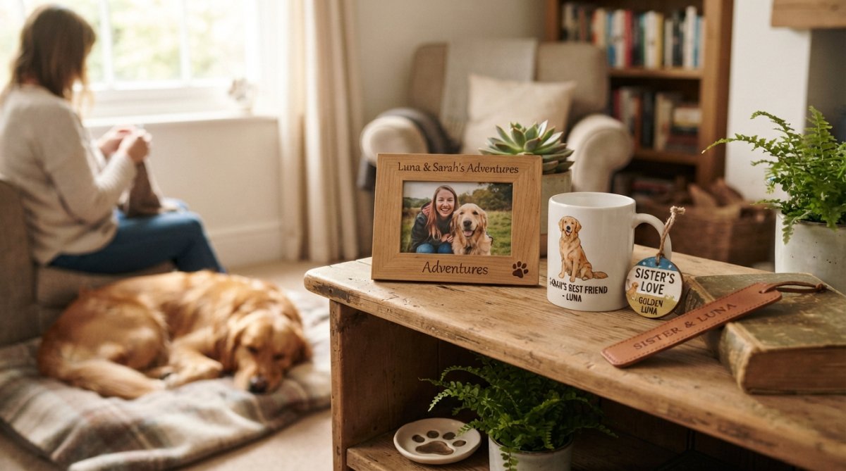 Professional illustration showing woman and smiling and holding concepts for golden retriever gift ideas