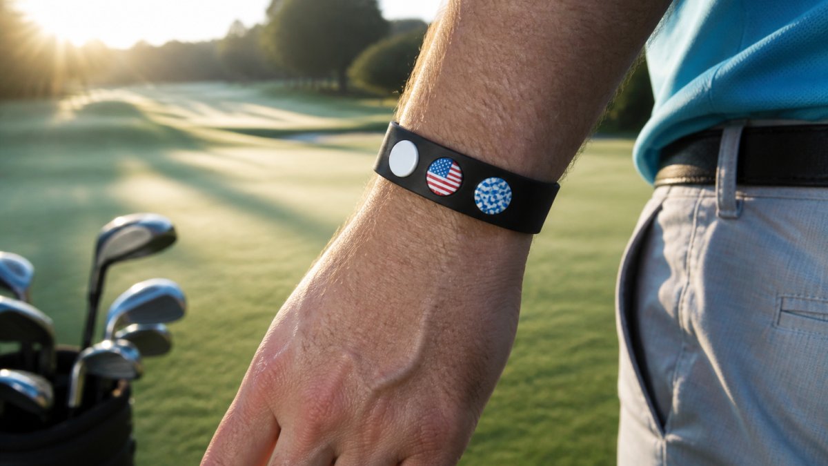 Close-up of a golfer's wrist wearing a black magnetic wristband with interchangeable ball markers displayed on a golf course fairway with morning sunlight