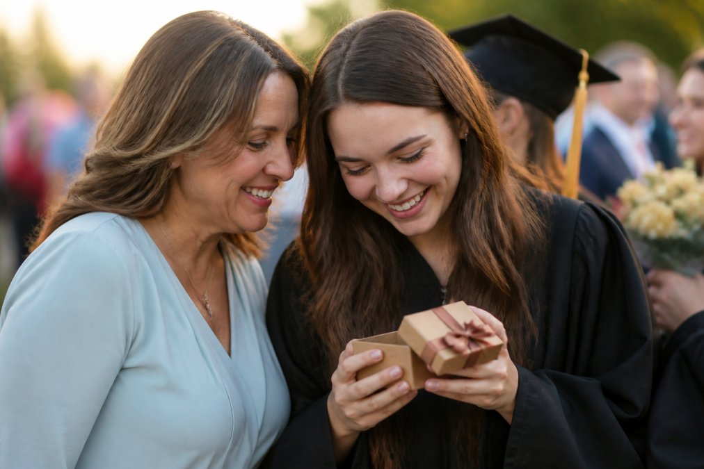 A mother smiles as her daughter opens one of her graduation gifts for daughter during a sunny celebration.