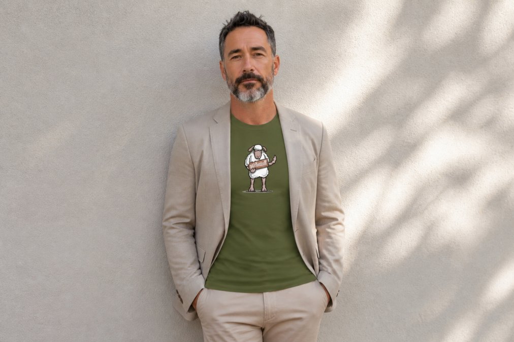 Person wearing a minimalist hand-drawn graphic tee in muted tones paired with tailored neutral chinos and a lightweight blazer, standing in natural daylight against a plain wall