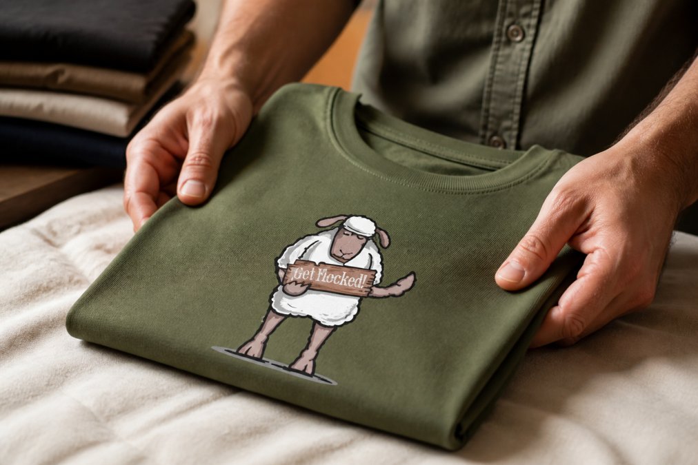 Close-up of hands carefully folding a premium graphic t-shirt, showing the detailed hand-drawn artwork and fabric texture in natural light