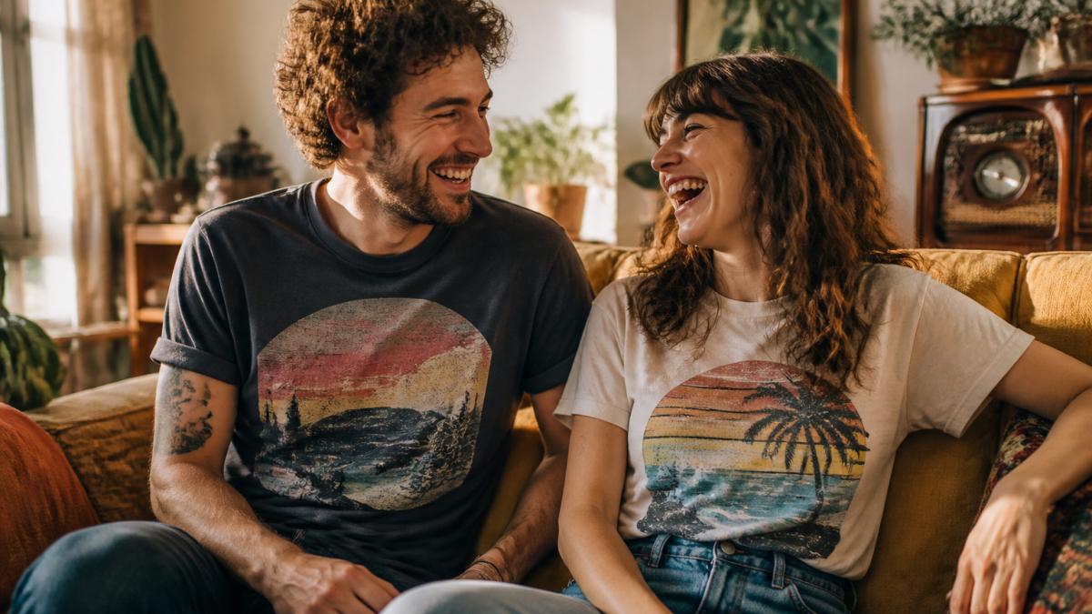 A man and a woman in their 30s wearing faded vintage-style graphic tees, laughing together in a sunlit living room with retro decor