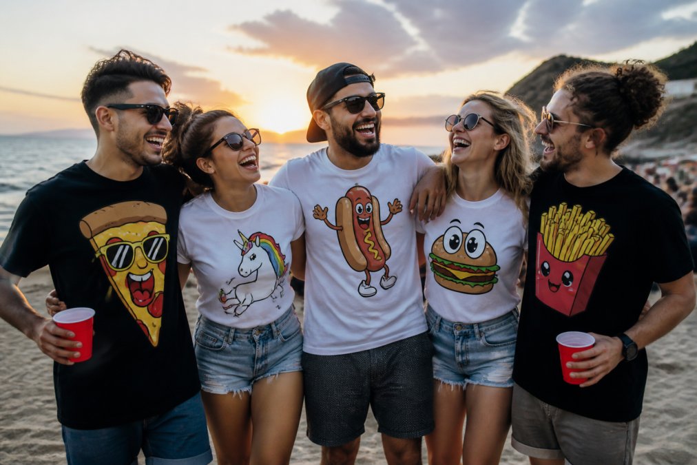 Group of friends wearing bold, humorous graphic tees at a beach party, laughing and posing together with ocean and sunset in background