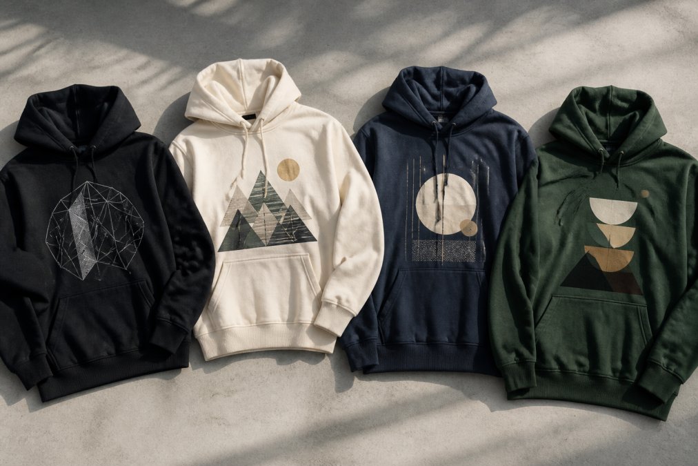 A flat lay of several graphic hoodies in different colours and print styles arranged neatly on a clean concrete surface under soft daylight, showing fabric textures and unique artwork