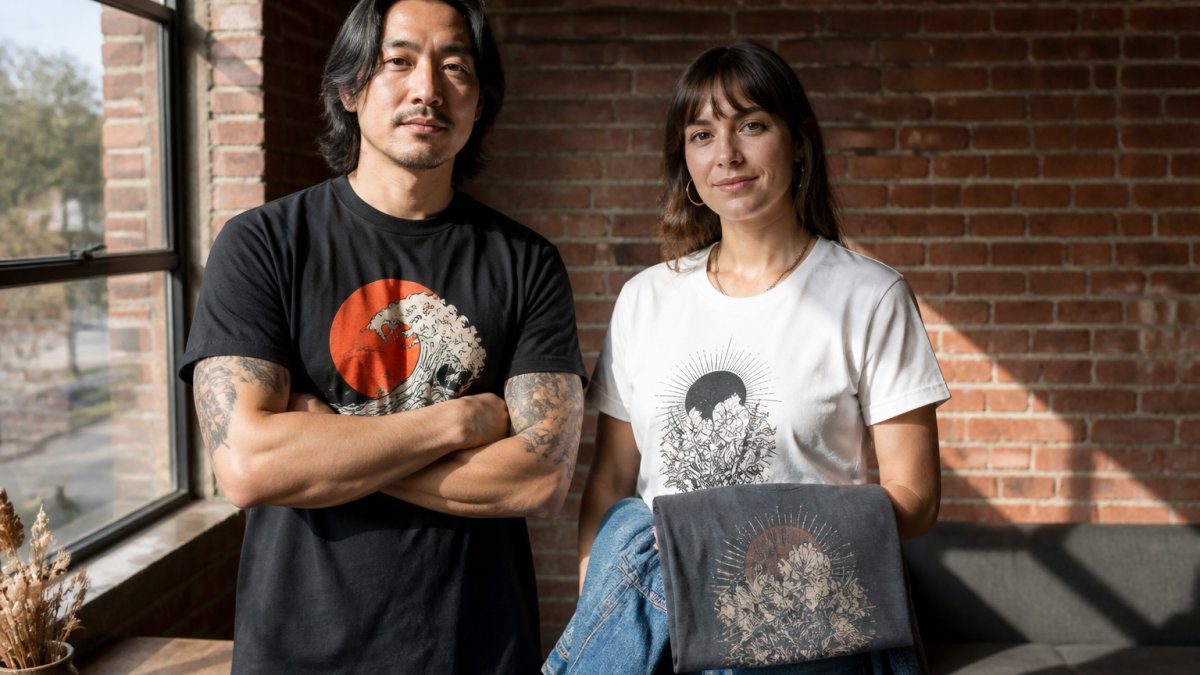Two adults standing side by side in a sunlit brick-walled room, one wearing a bold slogan graphic tee with arms crossed, the other holding a folded tee against a denim jacket