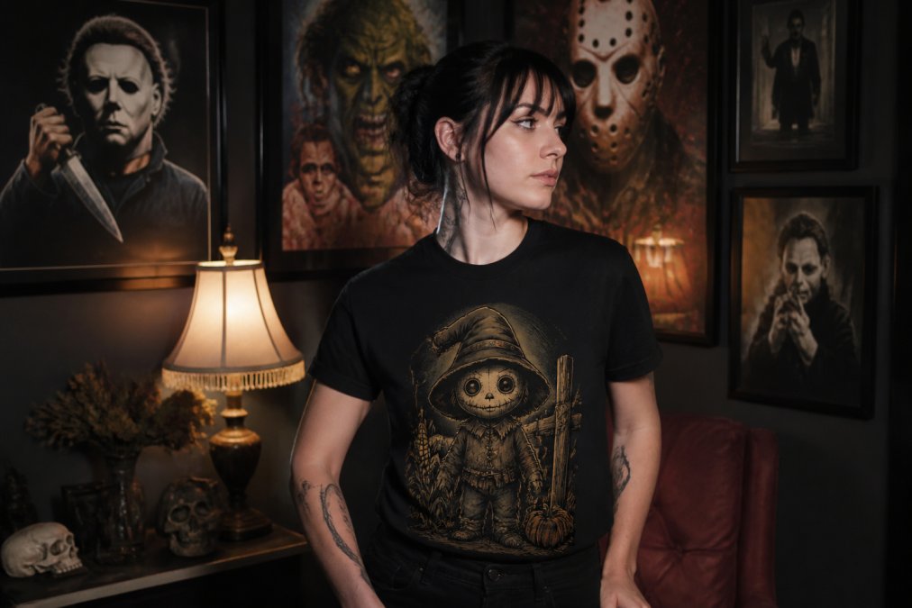 Young adult wearing a creepy-cute scarecrow graphic tee surrounded by vintage horror movie posters
