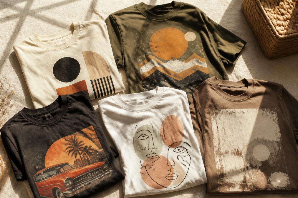 Flat lay of several unique graphic tees featuring abstract art and vintage designs, arranged on a neutral linen background with soft natural window light