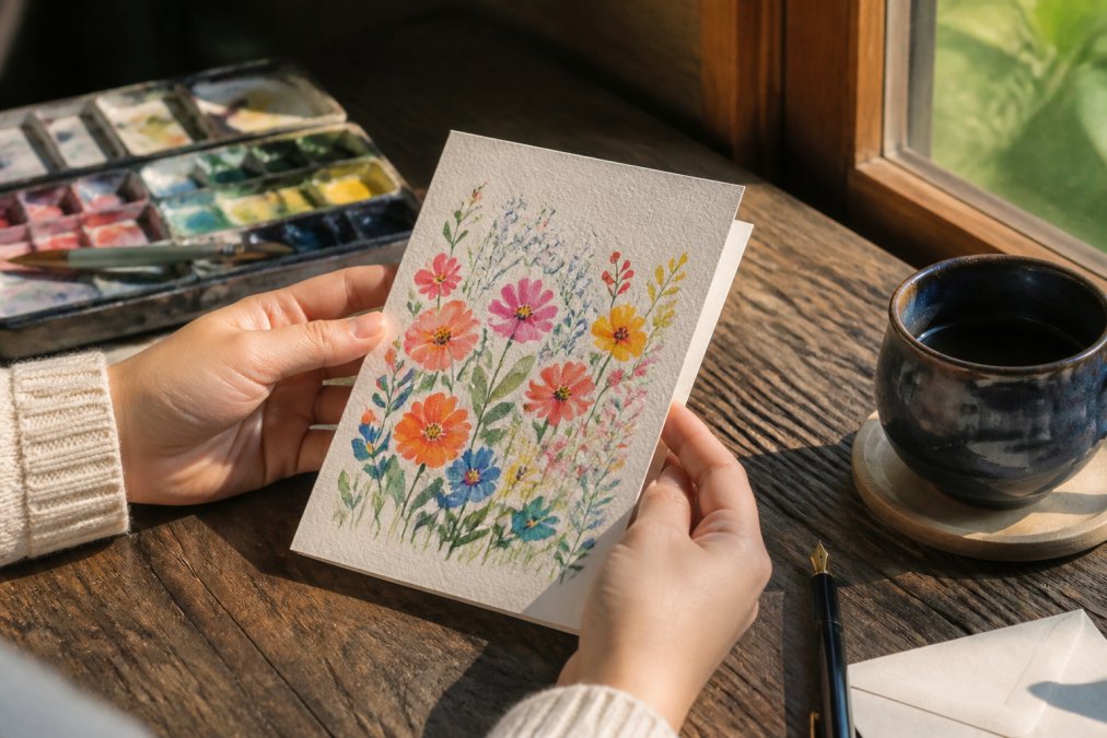 A person's hands holding a colorful, hand-painted greeting card with a fountain pen resting nearby on a wooden table, soft natural light streaming from a window