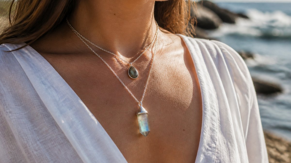 Woman wearing a layered crystal pendant necklace in natural sunlight, the stone catching light and revealing subtle color variations and natural patterns
