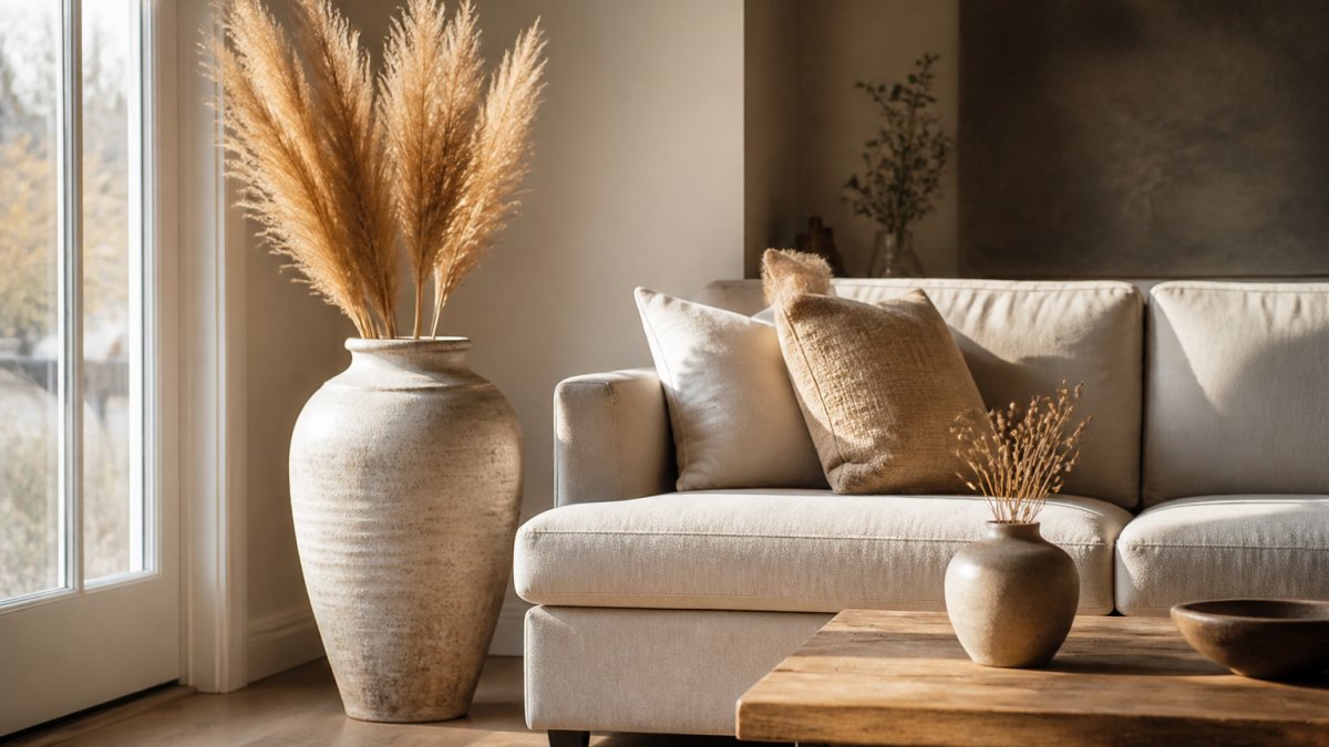 A sunlit modern living room with a large sculptural ceramic floor vase holding dried pampas grass, next to a minimalist sofa and a wooden coffee table with a small bud vase