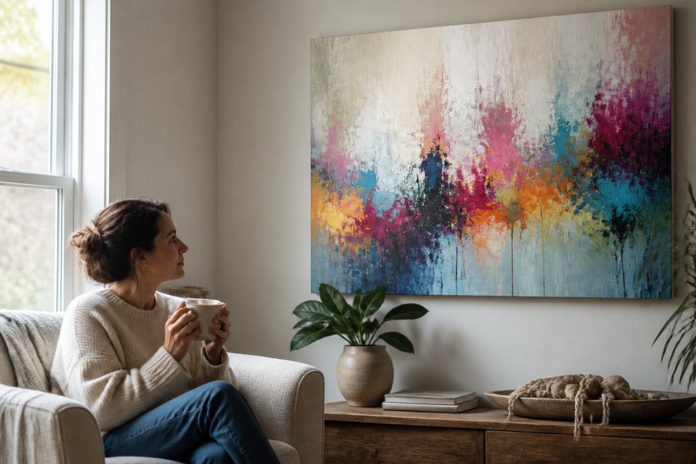 A cozy living room corner featuring a vibrant abstract painting on the wall, with a person sitting nearby holding a warm beverage, looking at the art with a thoughtful expression