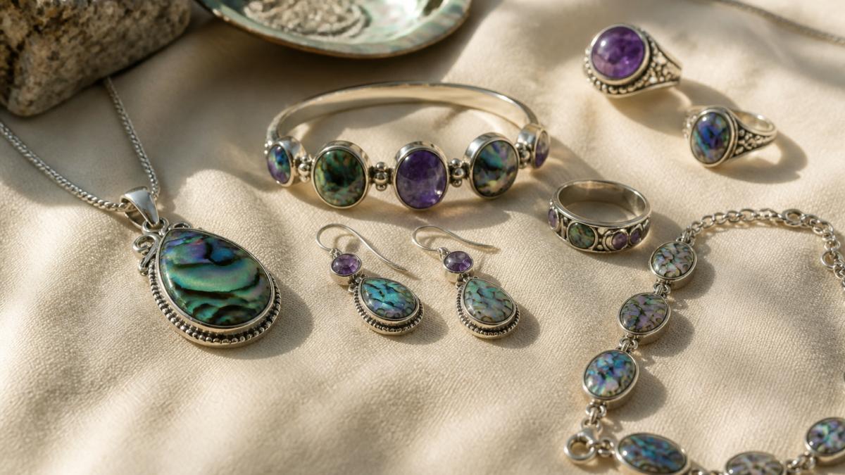 Close-up of sterling silver jewelry sets with genuine gemstones and abalone shell arranged on soft cream fabric, showing necklaces, bracelets, earrings, and rings catching natural morning light