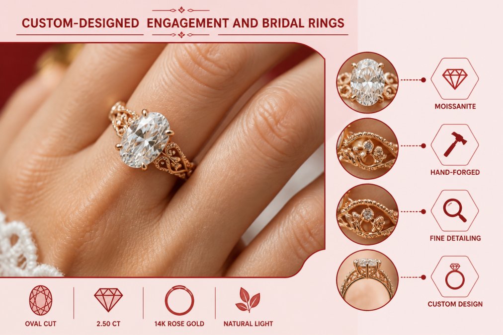 Close-up of a woman's hand wearing an ornate custom engagement ring with a moissanite stone, showing intricate hand-forged metalwork and fine detailing under natural light