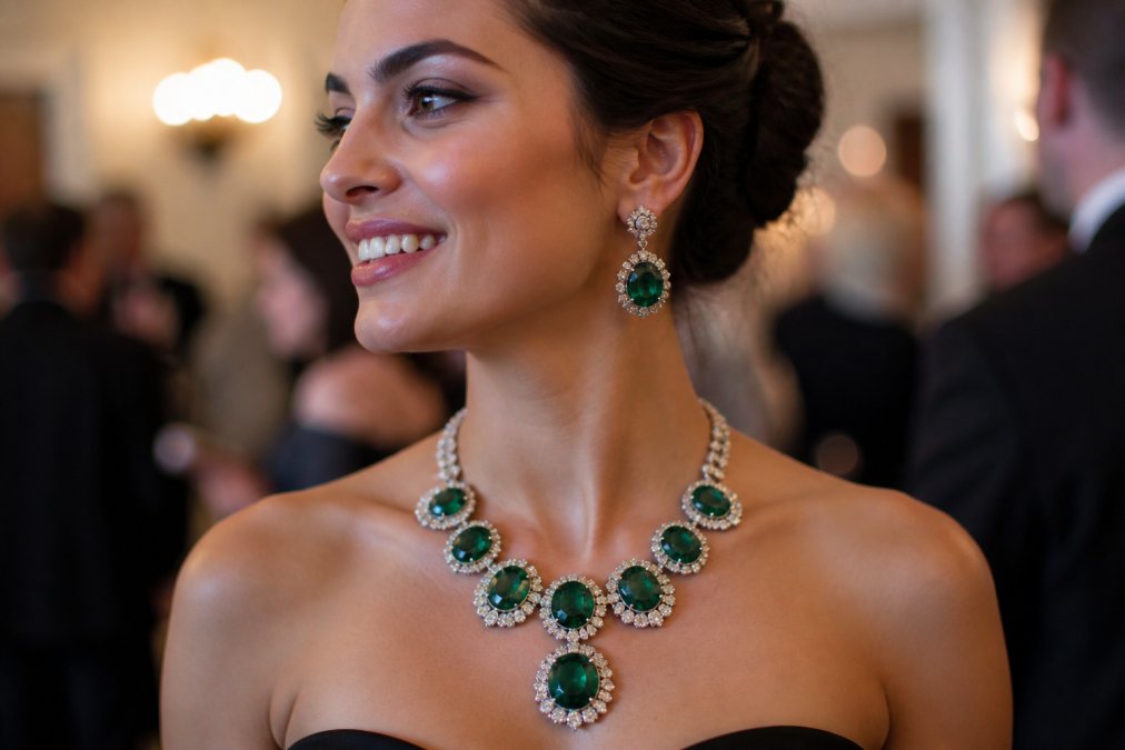 Woman wearing an elegant handcrafted statement necklace at a formal evening event, the piece's unique silhouette and artistic expression prominently displayed against her skin