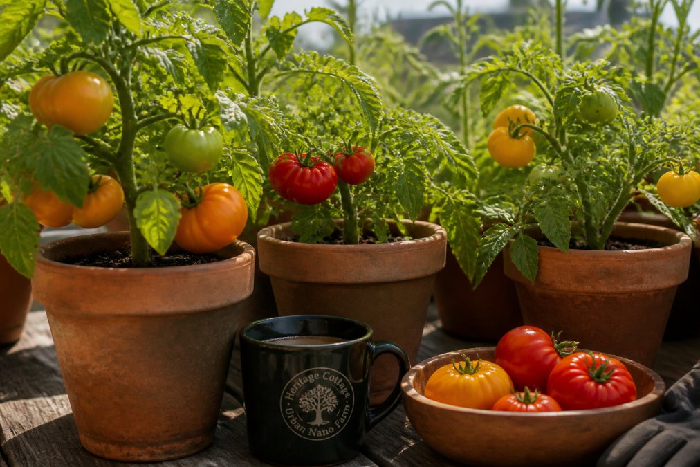 Colorful heirloom tomatoes growing in terra cotta pots on a sunny patio, showing ripe red, orange, and yellow fruits at different stages of ripeness, with green foliage and morning light casting shadows