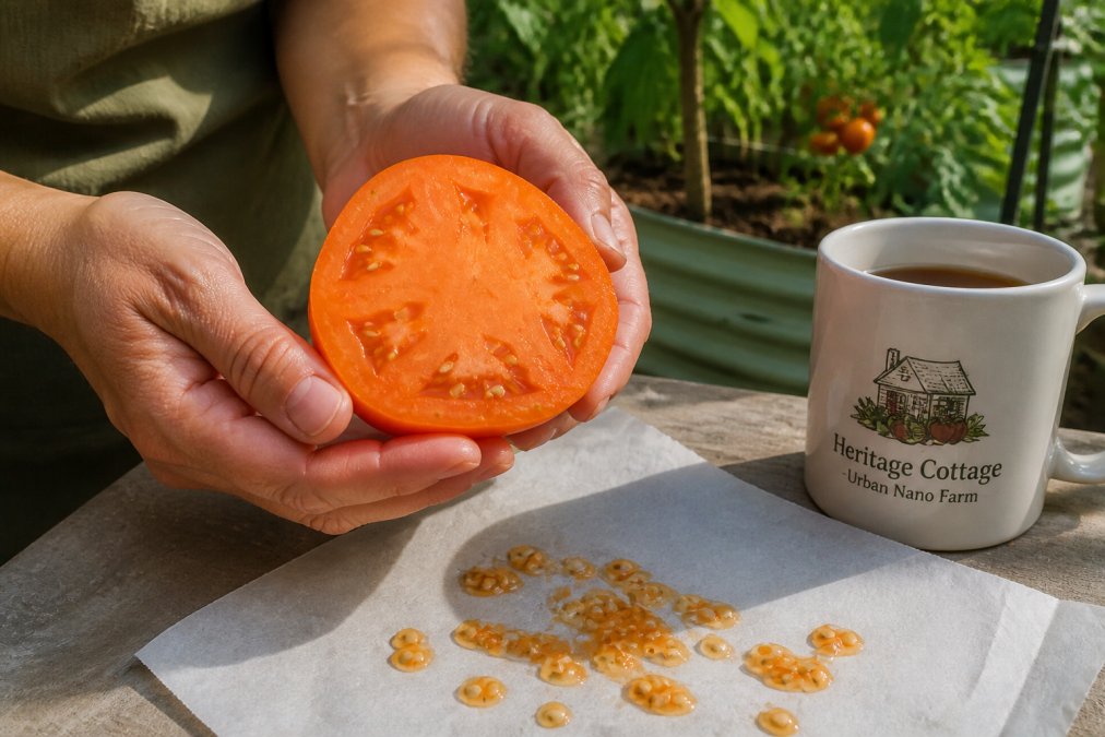 Hands holding a ripe heirloom tomato cut open, showing seeds and gel inside, with dried seeds on paper nearby in natural sunlight, demonstrating seed extraction