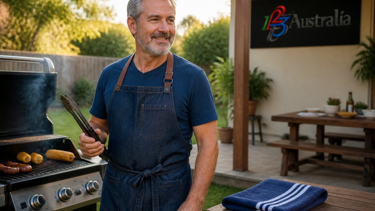 A man in his fifties standing at a backyard barbecue in warm afternoon light, tongs in one hand and a personalised apron tied at the waist, a folded sports towel resting on the bench beside him