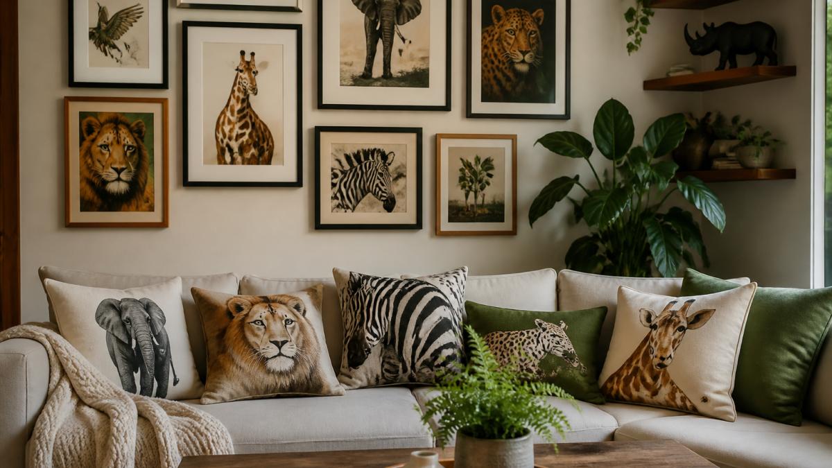A living room featuring a gallery wall of animal art prints in various sizes and styles, coordinated throw pillows with wildlife patterns on a neutral sofa, a sculptural animal figurine on a wooden shelf, and a potted plant, demonstrating how different animal decor pieces work together harmoniously