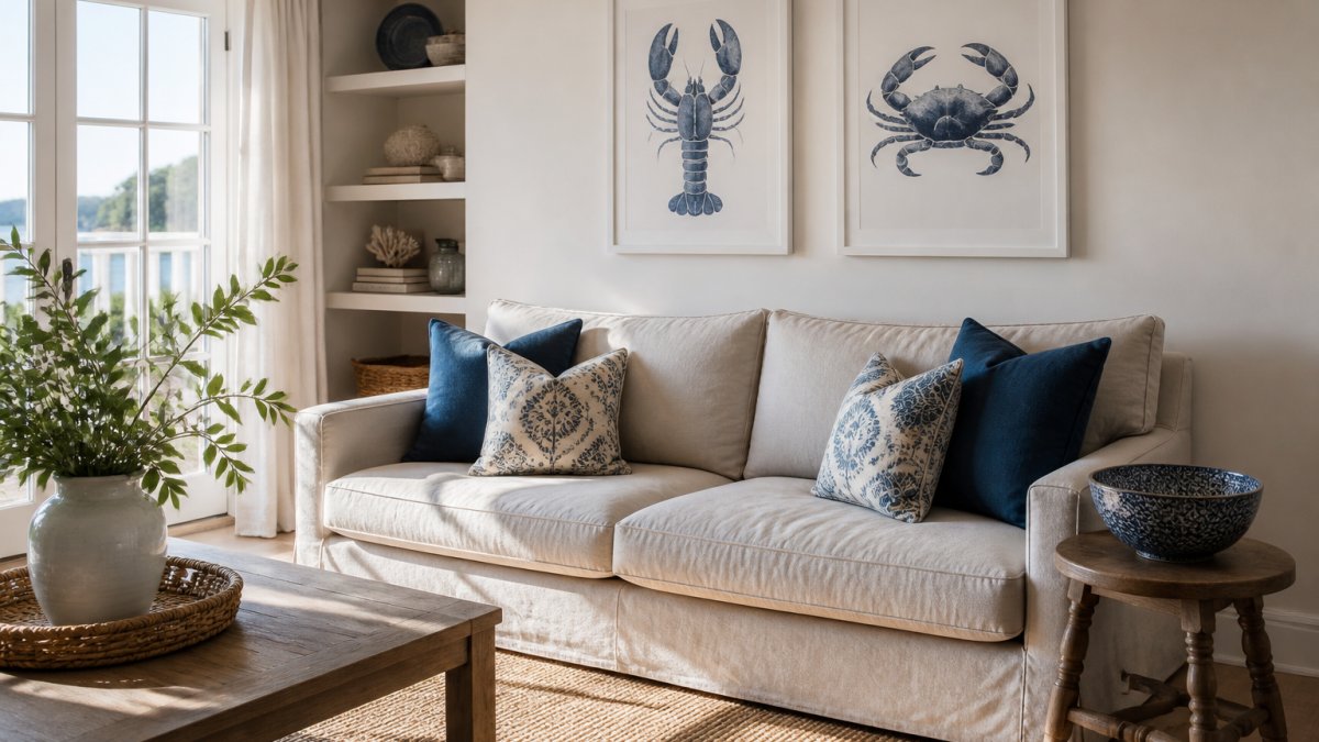 A bright coastal living room wall featuring a framed blue and white lobster print and crab print hung above a pale linen sofa, with a woven jute rug and a ceramic bowl on a wooden side table, natural daylight from a large window