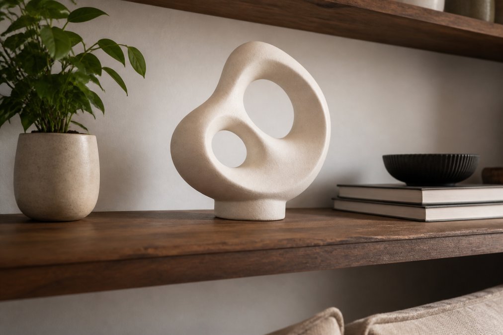 A styled living room shelf displaying a smooth abstract ceramic sculpture alongside a small potted plant and a few curated books, warm ambient lighting casting soft shadows across the shelf surface