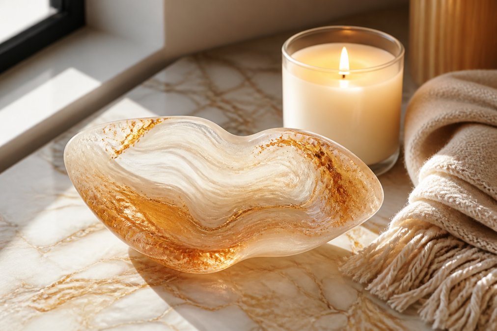 Close-up of a translucent resin decorative object with swirling colors in gold and ivory tones, placed on a marble surface next to a lit white candle and a folded neutral linen throw, soft natural light from the side
