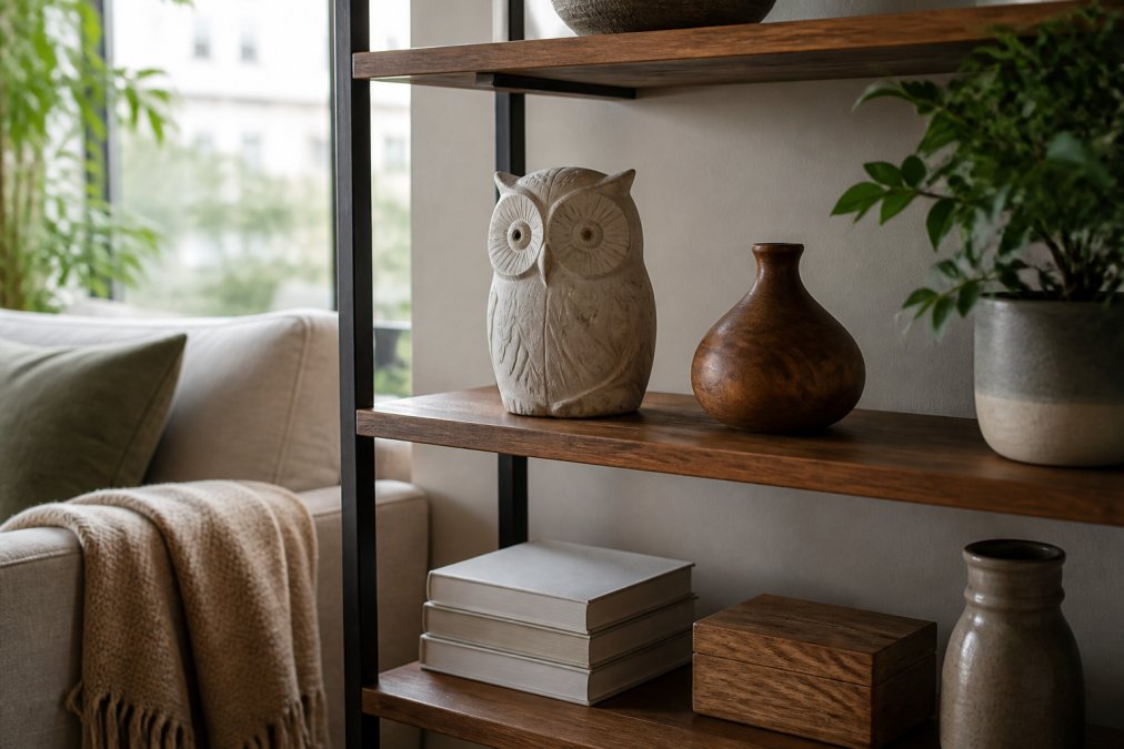 A styled wooden shelf in a small apartment living room featuring a minimalist owl sculpture and a small carved wood vase, lit by soft natural light from a nearby window, neutral tones with a cozy throw blanket nearby