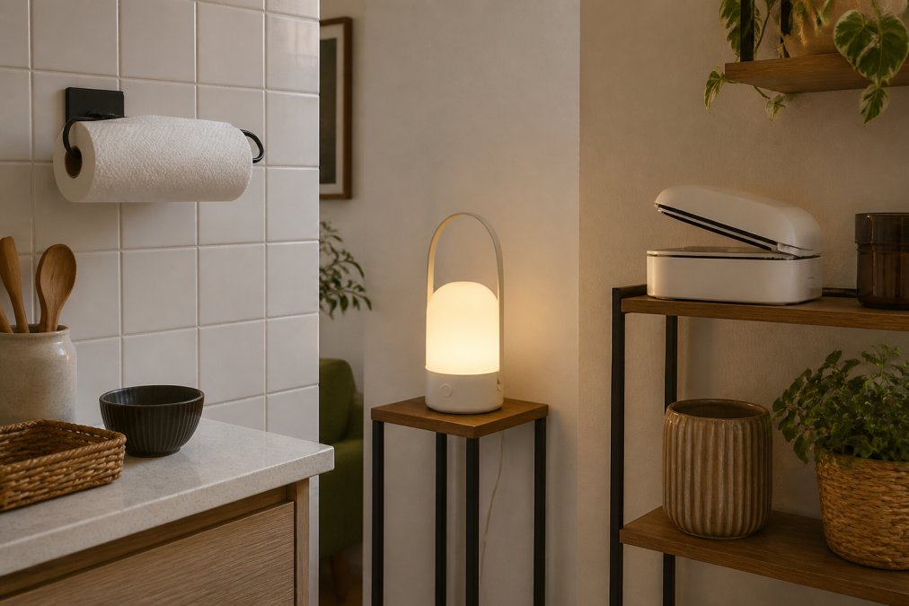 A small, well-lit flat interior corner showing a wall-mounted adhesive paper towel holder on a tiled kitchen wall, a charging lamp on a narrow side table, and a mini heat sealer on a shelf, styled with minimal clutter